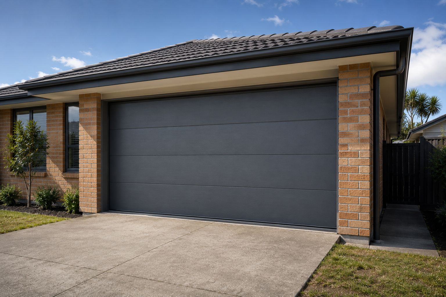 Modern dark sectional garage door on an Auckland brick home